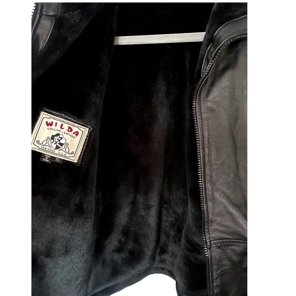 WILDA Genuine Leather Coat Womens XL Blk Belted Faux Fur Collar Trim Vintage 90s - Picture 4 of 7